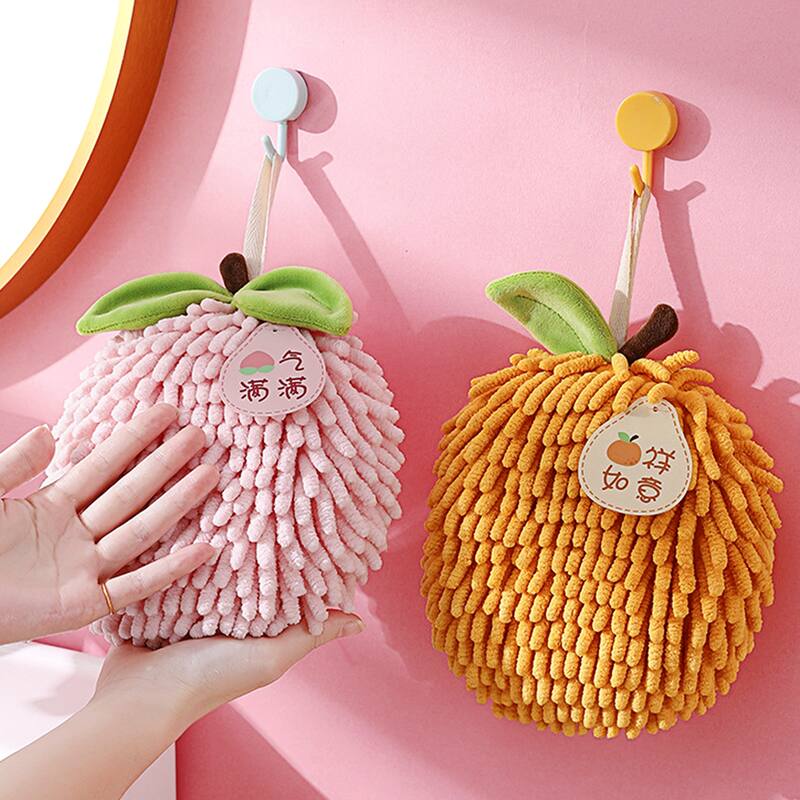 Soft Absorbent Fluffy Chenille Ball Hand Towels, Set of 2 Fuzzy Decorative Towel with Wall Hook for Bathroom 6" x 6" - 6" x 6"
