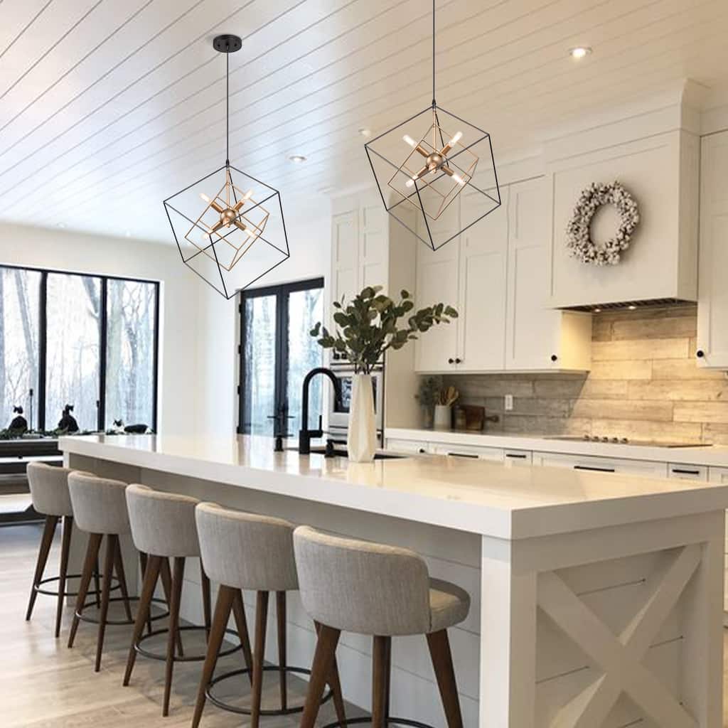 Modern 6-Light Black Gold Sputnik Chandelier for Foyer Kitchen Island Dining Room - 21.5"Dx23.5"H