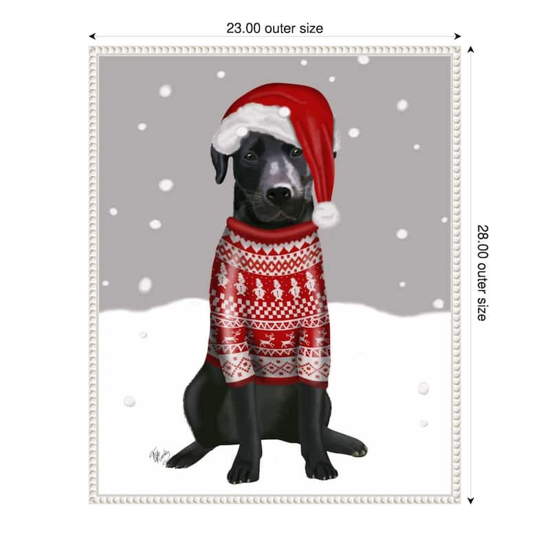 Black Labrador Christmas Sweater 1 by Fab Funky (23 x 28 in.), Framed Canvas Wall Art Print - Sylvie Beaded White