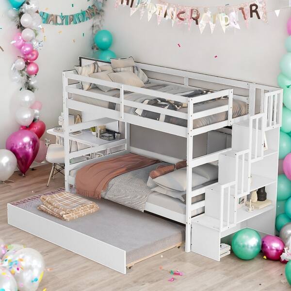 slide 2 of 27, Twin over Twin Bunk Beds With Twin Trundle and Stairway Storage for Home White