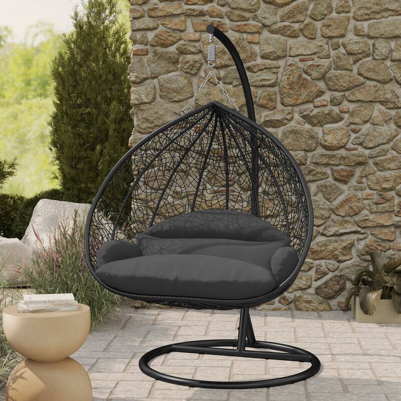 2-Person Outdoor Hanging Egg Chair with Teardrop Frame, Weather-Resistant Cotton Cushioned Seat for Patio and Indoor Use