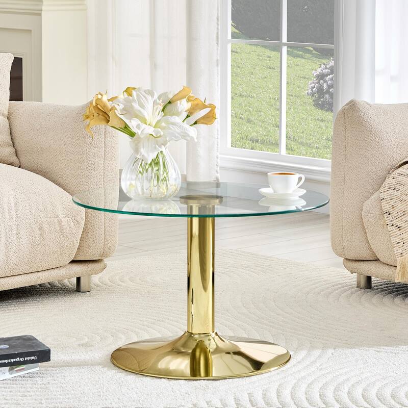 Roomfitters 27.5-Inch Round Tempered Glass Coffee Table, Metal Base, Circular Center Table, Modern Minimalist