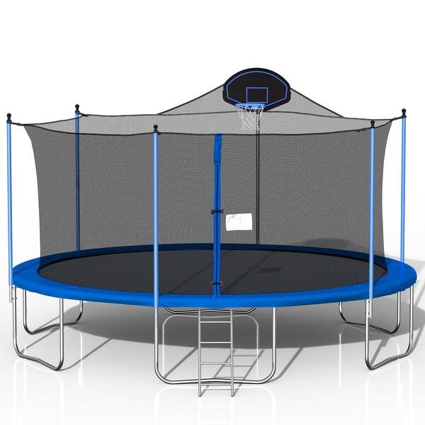 slide 2 of 9, Trampoline with Basketball Hoop,Ladder and Safety Enclosure Net Kids
