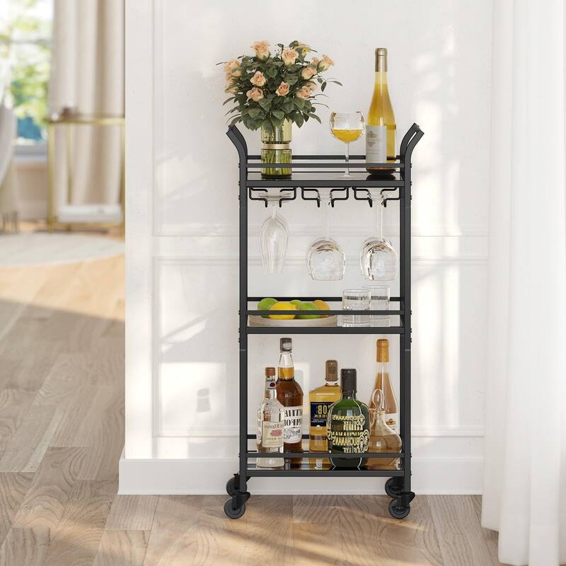 Mini Home Bar Cart with 3-Tier Shelf Wine Holders, and Glass Holders