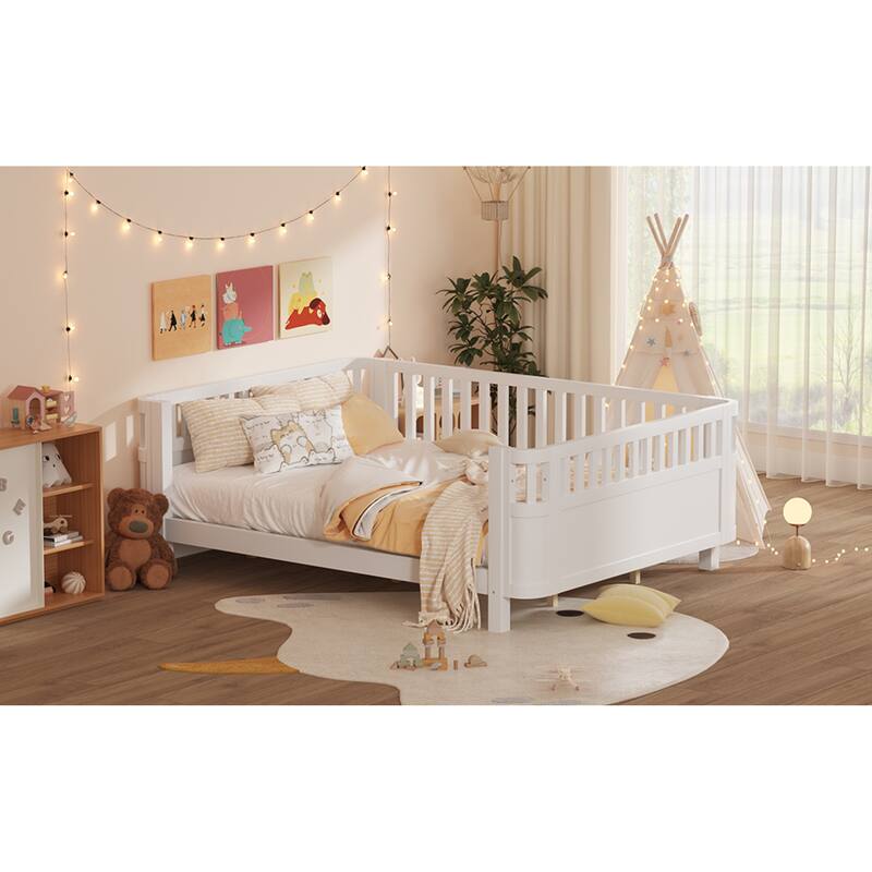 Roomfitters Queen Platform Bed, Low Profile Slatted Daybed with Wooden Frame and Removable Guardrails for Bedrooms