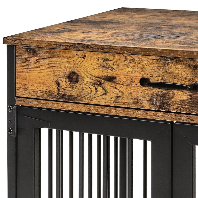 Javlergo Multi-Functional Dog Crate Furniture with Lockable Doors Food Storage 3 Drawers & Pull-Out Feeding Bowls for Dogs