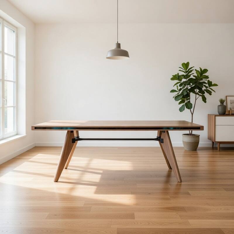 Cid Lane 87 Inch Dining Table, Walnut Brown Wood, Black Metal Rod Support