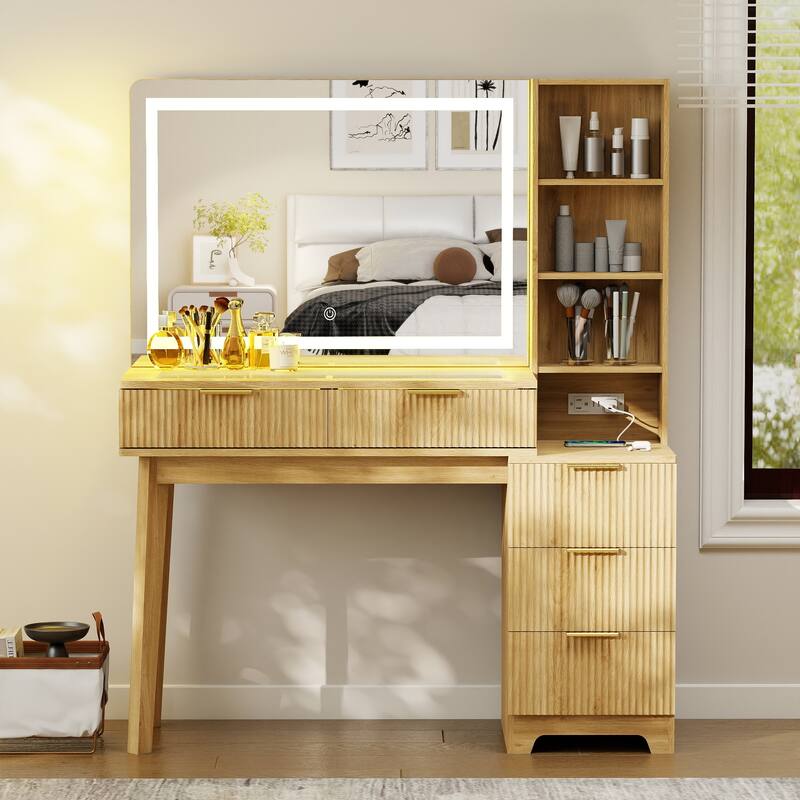 50" Makeup Vanity with 36" Lighted Mirror, 4 Dressers & Charging Station & 3 Light Modes