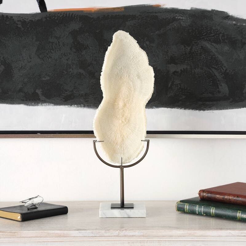 Cream Polystone Abstract Textured Coral Decorative Sculpture with Gray Stand and Acrylic Base - Cream