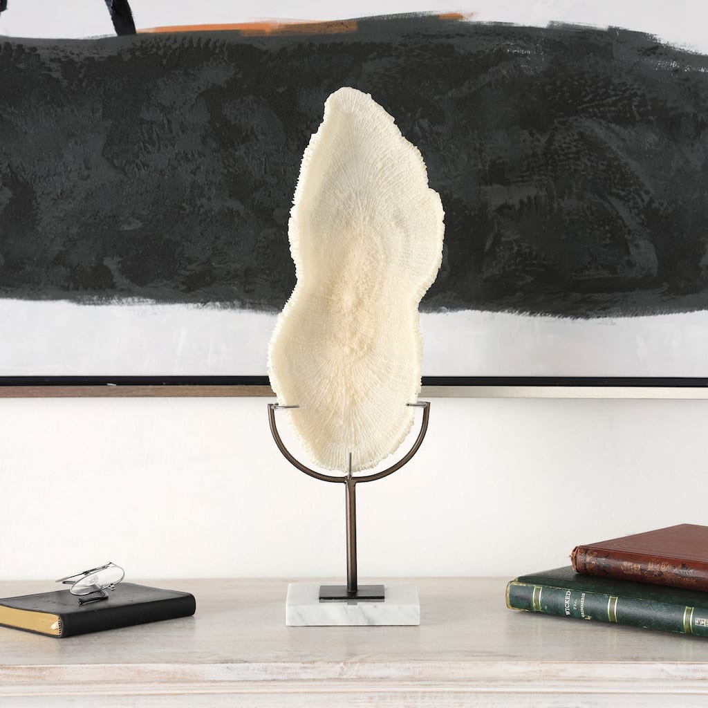 Cream Polystone Abstract Textured Coral Decorative Sculpture with Gray Stand and Acrylic Base