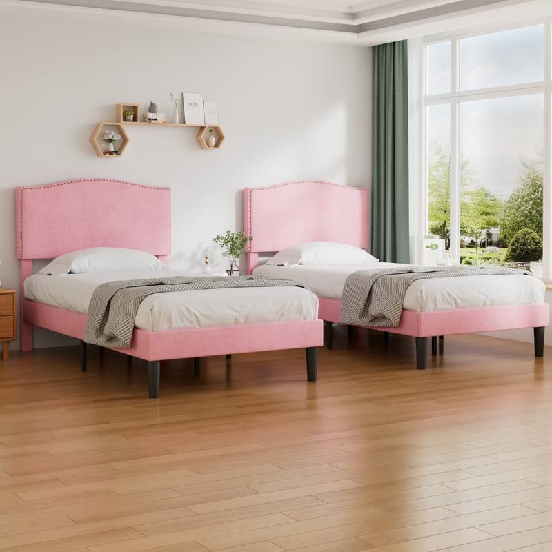 VCCELO 2-Pack Twin Size Bed Frame with Adjustable Headboard Noise-Free Twin Size Bed Set of 2 for Kids Room Dorm Apartments