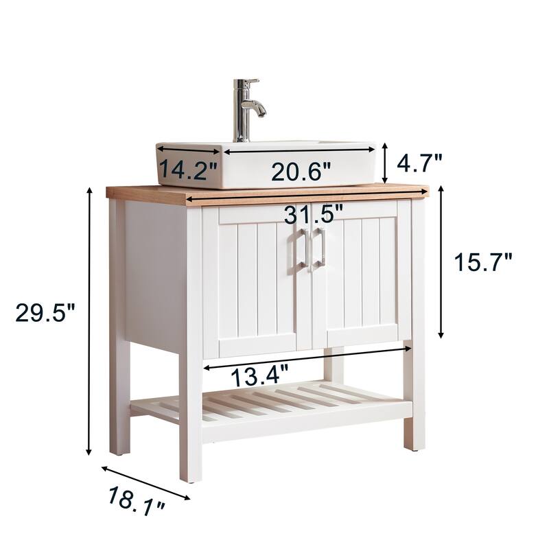 32" White Bathroom Vanity with Sink, Solid Wood Cabinet and Open Shelf