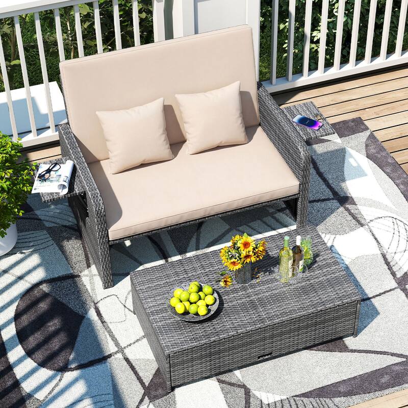 Gymax Rattan Daybed Wicker Loveseat Sofa Set w/ Ottoman & Retractable