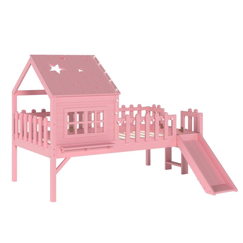 Full Size House Loft Bed with Slide,Playhouse Bed with Star Moon-shaped Designs and Window, Chic Design with LED Lights