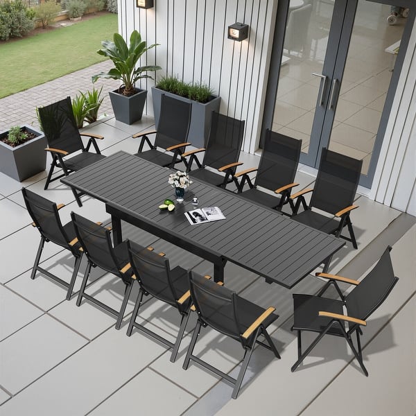 slide 2 of 21, 5/7/11PC Outdoor Aluminum Expandable Rectangle Patio Dining Table with Folding Chairs 11PC-Black-Table&Black-Chair