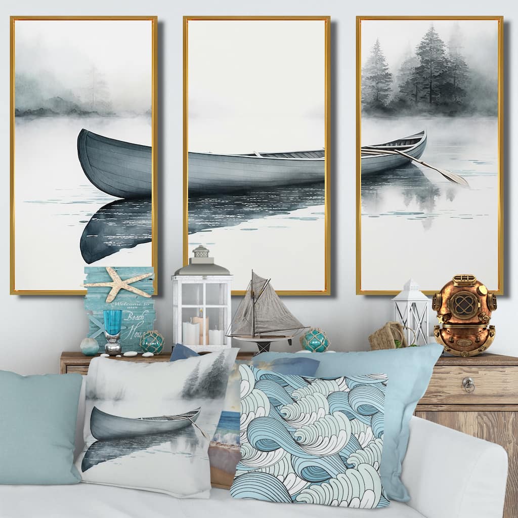 Designart "Canoe On The Lake II" Coastal Boat Framed Canvas Art Print - 3 Panels