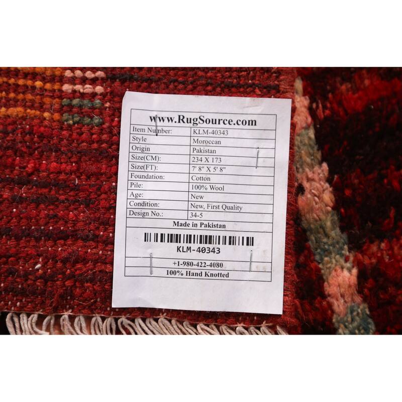 Red Geometric Moroccan Oriental Area Rug Hand-Knotted Wool Carpet - 5'8" x 7'8"