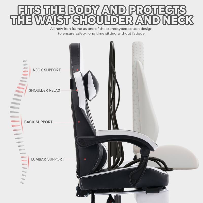 PVC Leather Gaming Chair with Footrest, Adjustable Headrest and Lumbar Support