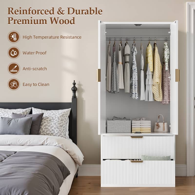 Pocassy 70" H Wardrobe Closet with 2 Doors and 2 Drawers for Bedroom