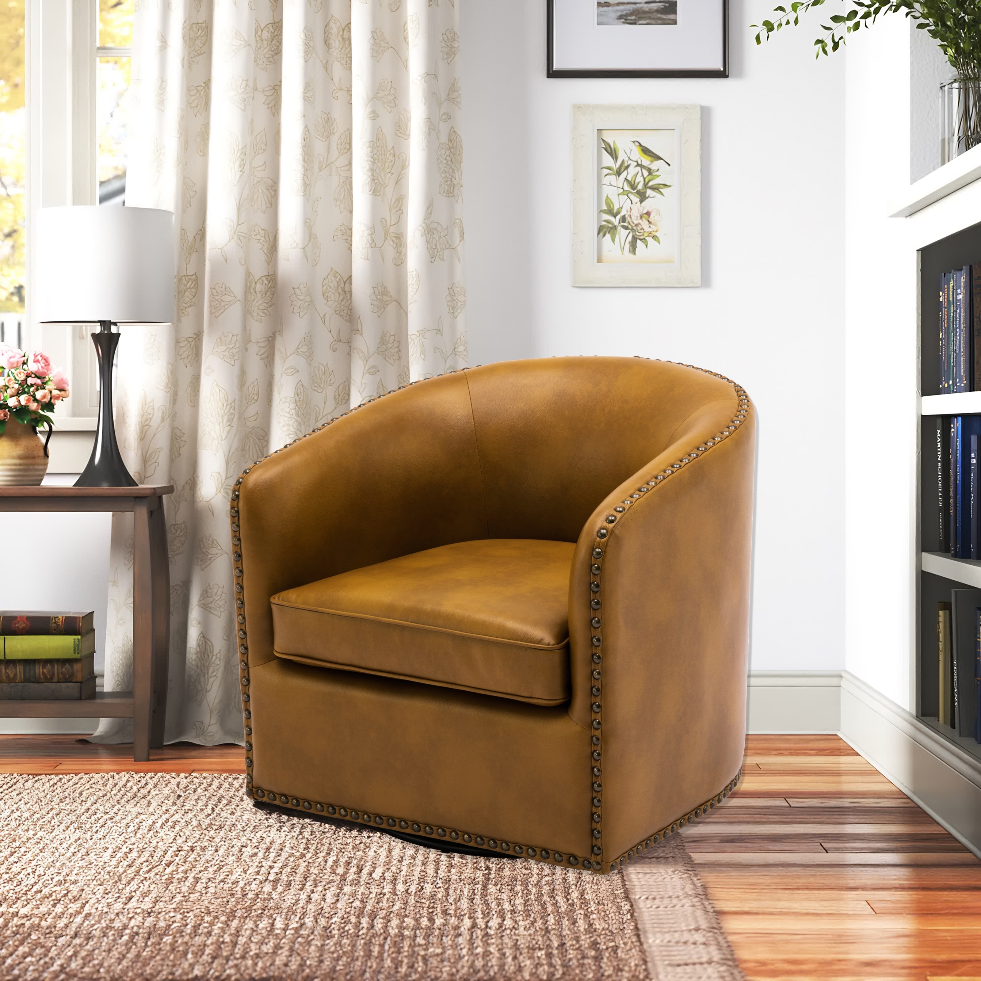 Barrel chair on sale with wood trim