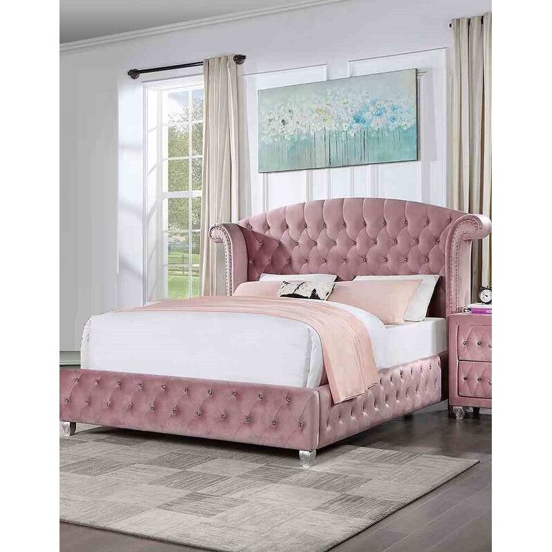 Pink Finish Fully Upholstered 1PC Glam Button Tufted Bed