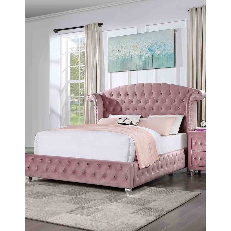 Pink Finish Fully Upholstered 1PC Glam Button Tufted Bed