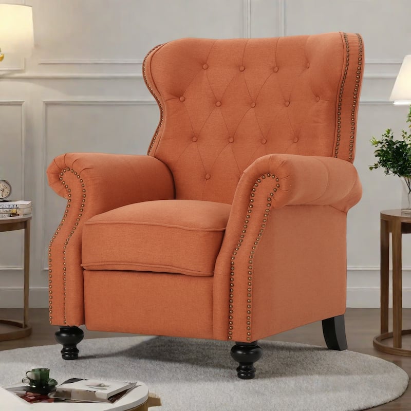 Tufted Recliner Chair - Diamond Stitch Backrest, Nailhead Trim and Rolled Arms  - Orange