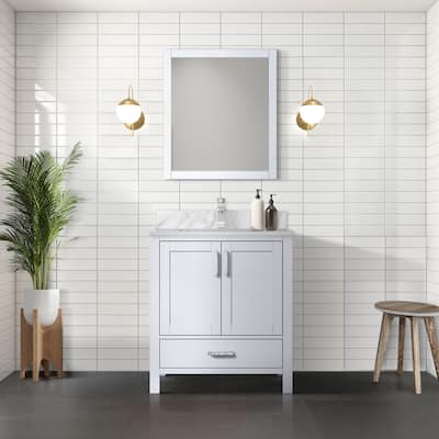 Jacques 30 in White Bath Vanity, Carrara Marble Top, Faucet, & Mirror