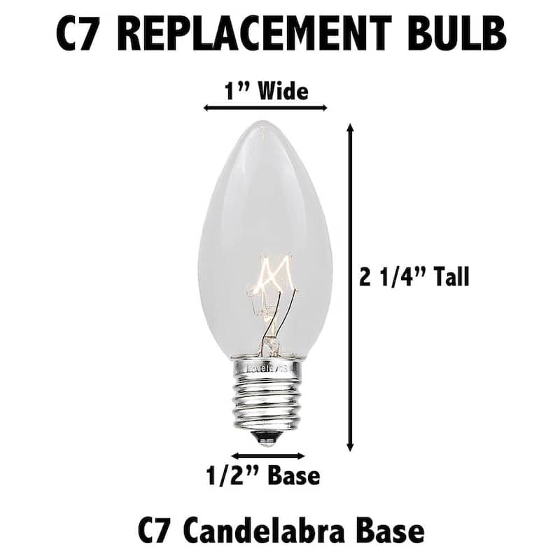 25 Pack C7 Outdoor Christmas Replacement Bulbs, Clear, C7/E12 Candelabra Base - Clear