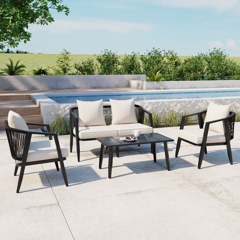 4-Piece Outdoor Patio Set, Iron Conversation Set with Table and Cushions for Garden, Poolside - Beige