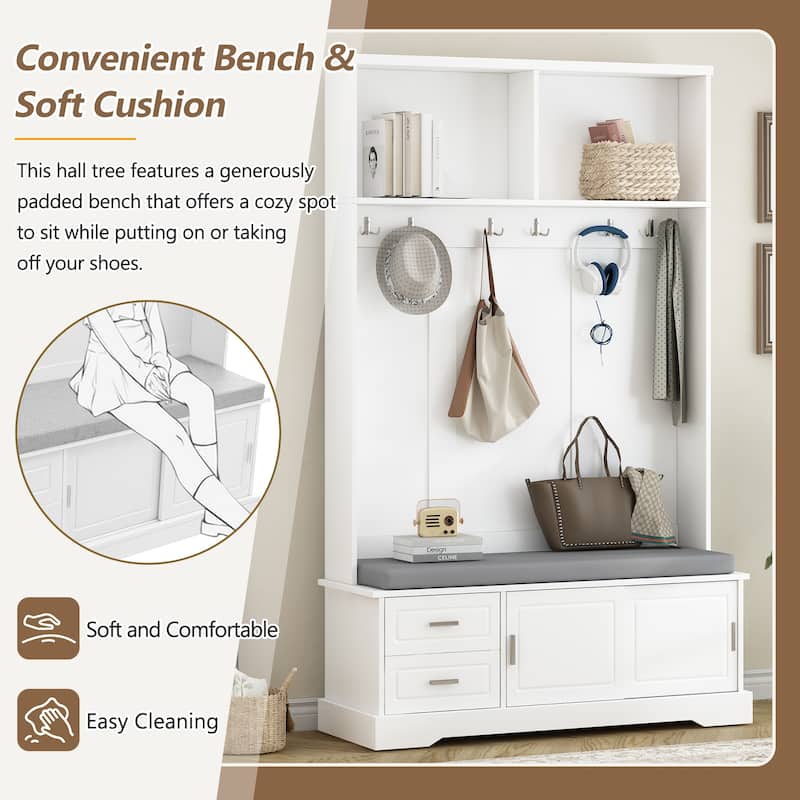 Versatile Coat Rack with 6 Hooks,Handles, Shoe Storage,Sliding Doors