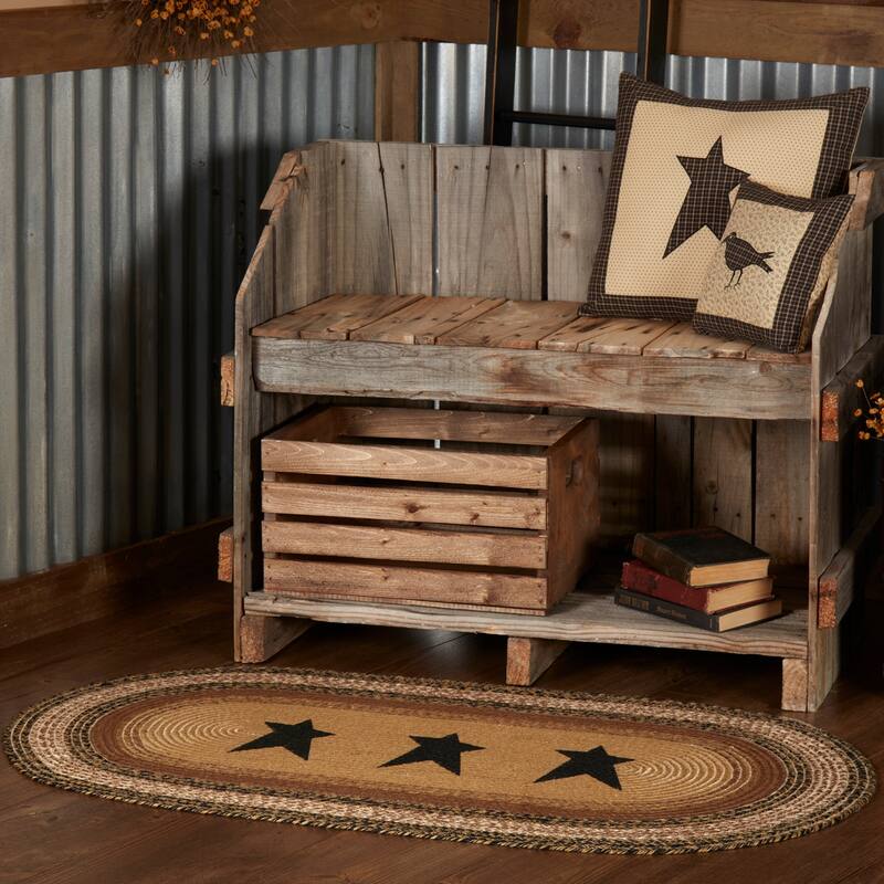 Kettle Grove Jute Rug Oval Stencil Stars w/ Pad 27x48 - 27" x 48" - 27" x 48" - Tan
