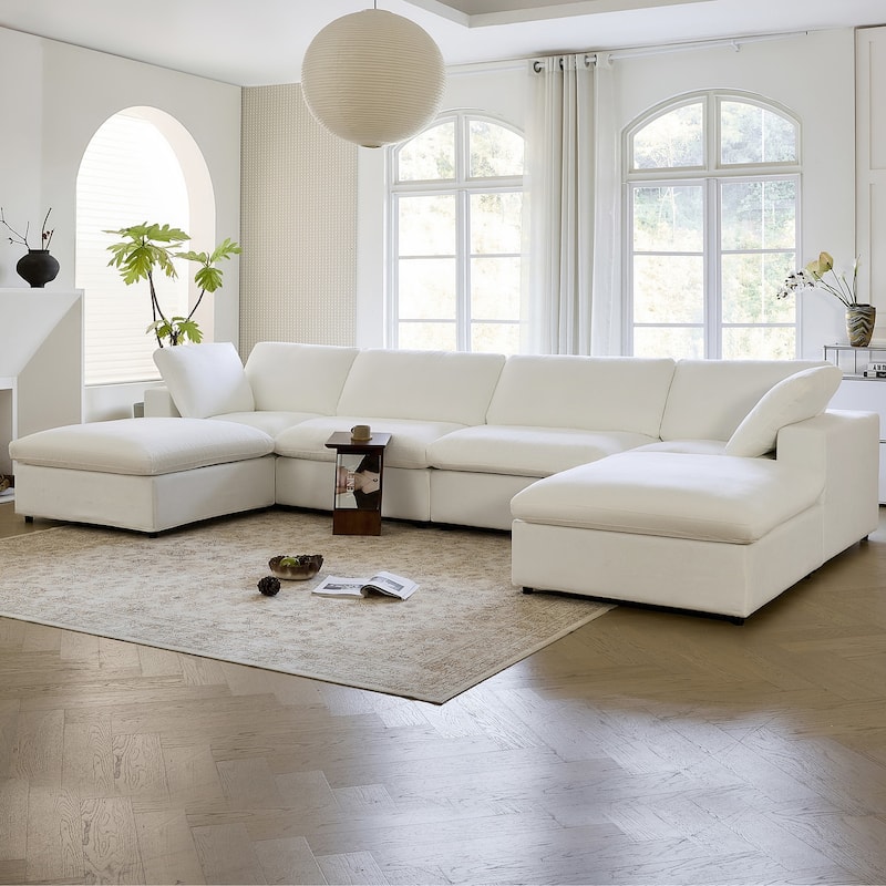 Lesly Free Assembly Sofa Feather Filled Comfort Sofa - 4Seaters+2Ottoman(Ushaped) - White