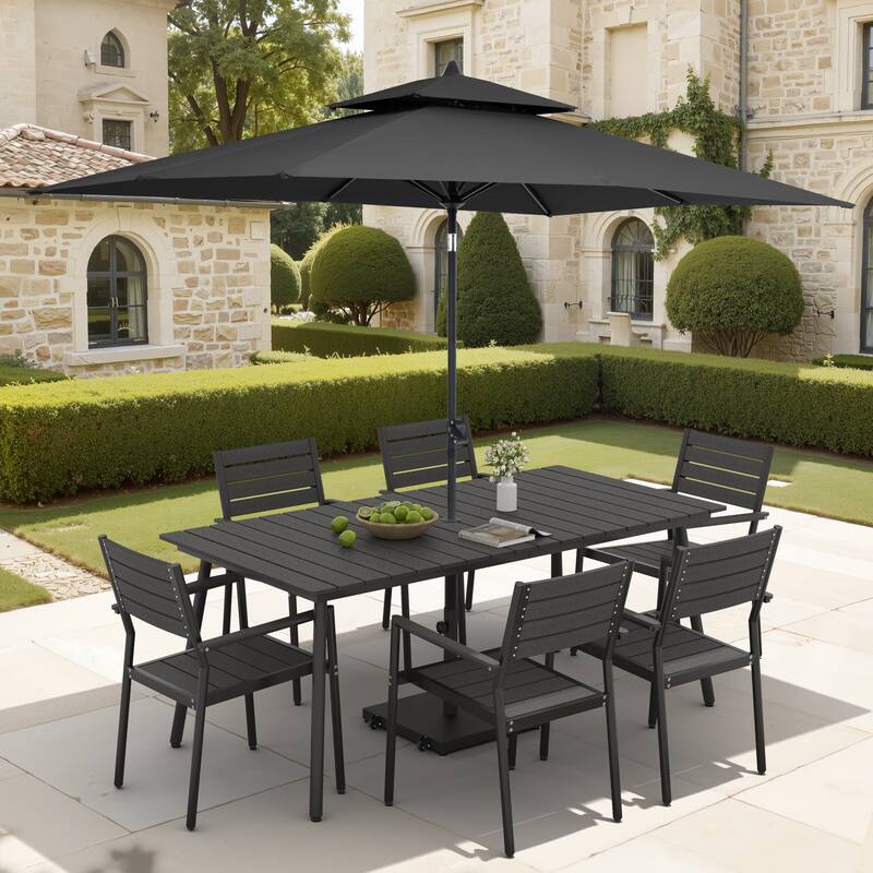 9-Piece Outdoor Dining Set Aluminum Table and 8 Stackable Chairs and 10 ft Umbrella with Base - Black Table with Black Umbrella