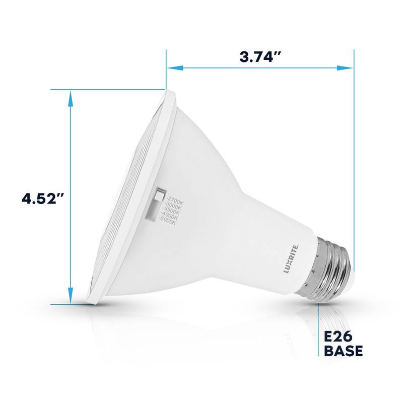 Luxrite PAR30 Long Neck LED Flood Light Bulb 10W=75W 5CCT 850 Lumens Dimmable Damp Rated ETL Listed E26 Base (12 Pack)