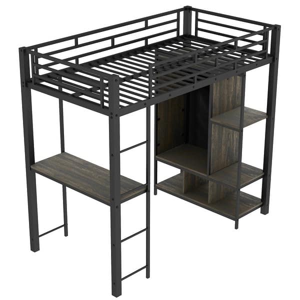 slide 2 of 18, Practical Twin Size Metal Loft Bed,Wardrobe With Built-In Curtains,Full-Length Guardrail