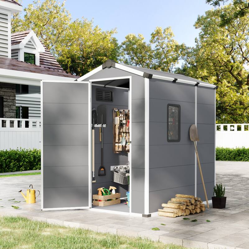 EROMMY Outdoor Storage Shed with Built-In Floor, Lockable Double Doors & Sloped Roof, Gray/Black