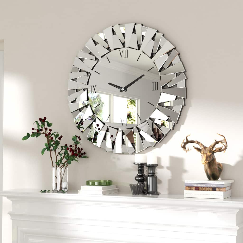 Round Sunburst Glass Mirror with Wall Clock - 31.49" Dia