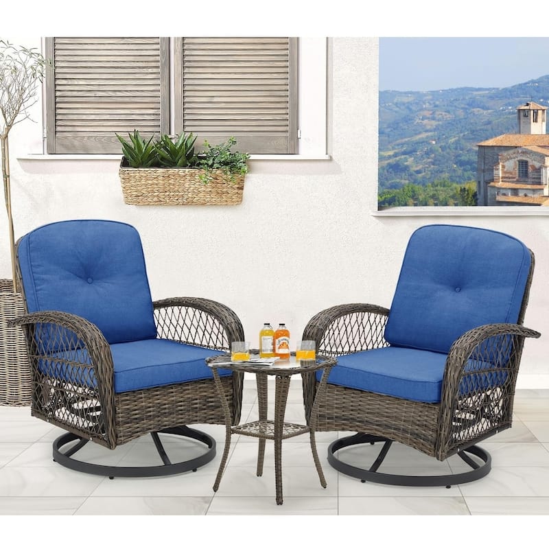 360° Swivel Rocking Patio Chairs Set with Thick Cushions & Tempered Glass Table | Indoor Living Room / Balcony| 3/5-Piece - 3-Piece - Navy Blue