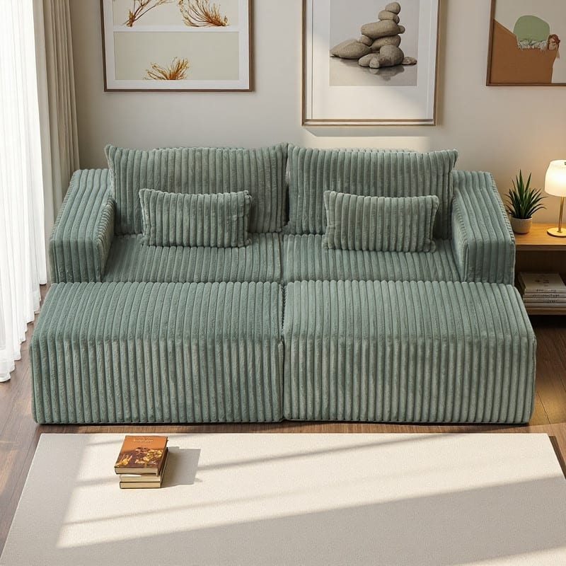 87" Corduroy Modular Lounge Chaise with 2 Removable Footstools, No Assembly Required - Army Green