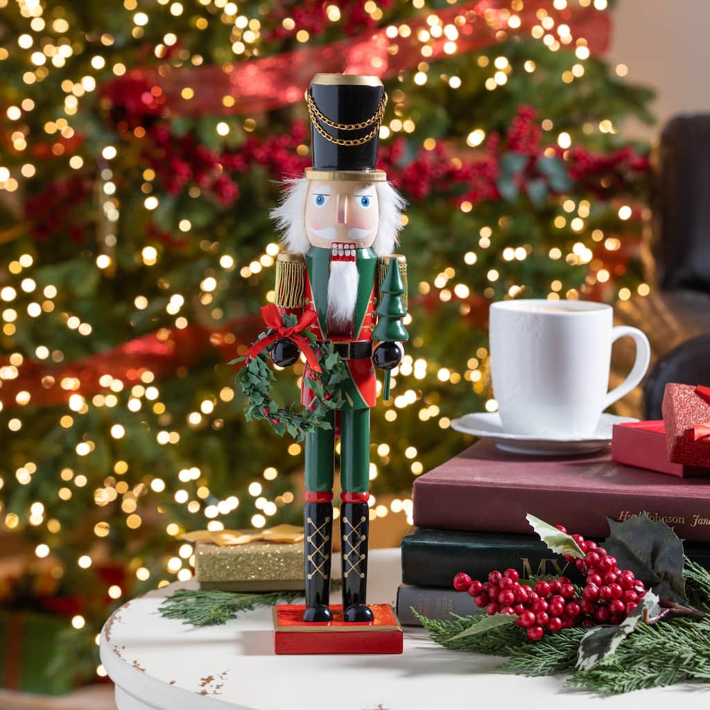 14.25" Wood Nutcracker with Wreath, Jinglebell Square - 14.25 in