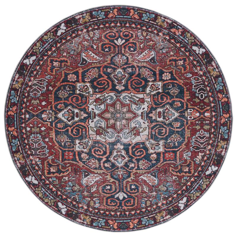 SAFAVIEH Tucson Machine Washable Slip Resistant Kizzie Oriental Rug - 6' Round - Red/Navy