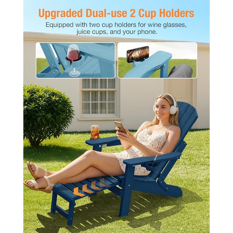 WINSOON All Weather HIPS Folding Adirondack Chair with Ottoman, 5-Gear Adjustable Backrest and Retractable Ottoman Set of 4