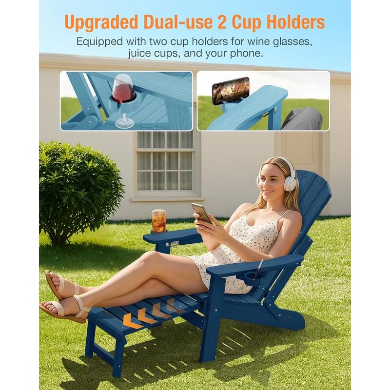 WINSOON Set of 2 All Weather HIPS Folding Adirondack Chair with Adjustable Backrest and Retractable Ottoman