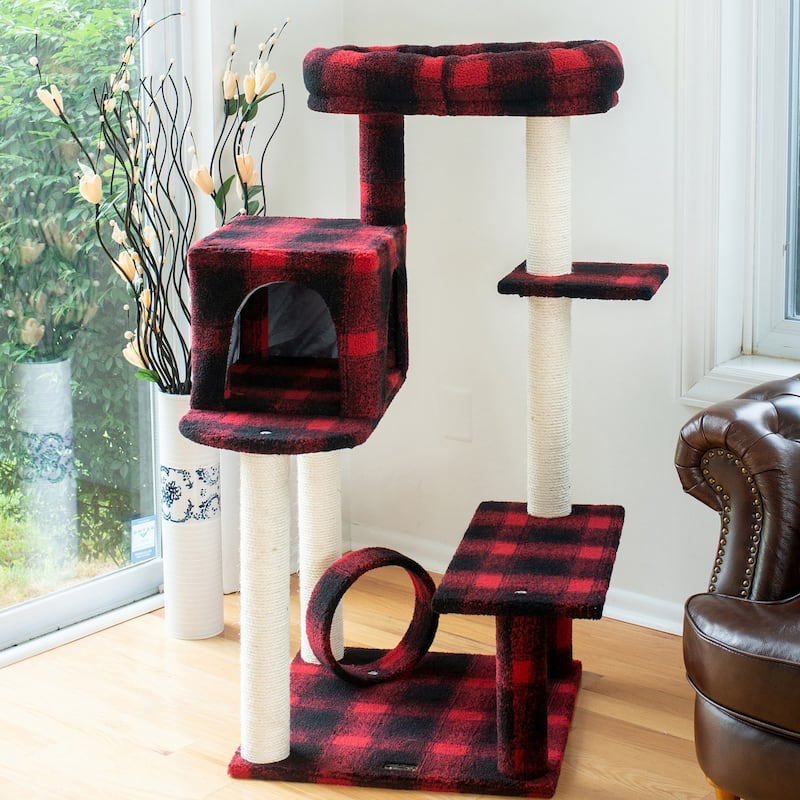 50-Inch Classic Real Wood Cat Tree With Veranda, Bench, Mini perch, and Spacious Lounger In Scotch Plaid
