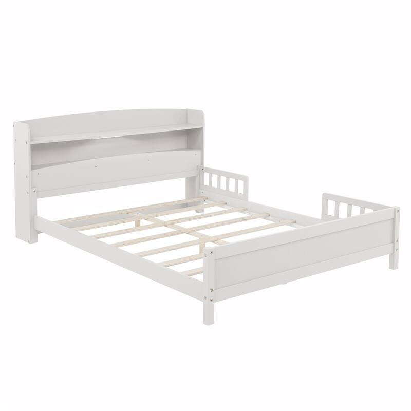 Full Size Pine Bed w/ Bookcase Headboard ,LED Sensor Light, Guardrails