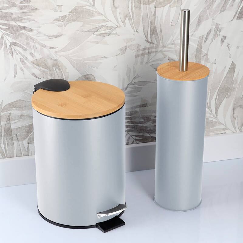 Bathroom Set with Bamboo Lid - Matte Metal Trash Can and Toilet Brush - 15.6" H x 11" L x 11" W