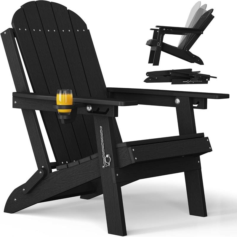 WINSOON Outdoor All-Weather HDPE Folding Adirondack Chair with Cup Holder & Adjustable Back