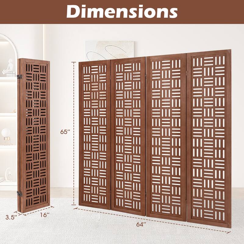 Gymax 4-Panel Room Divider w/ Double Action Metal Hinges Solid Wood