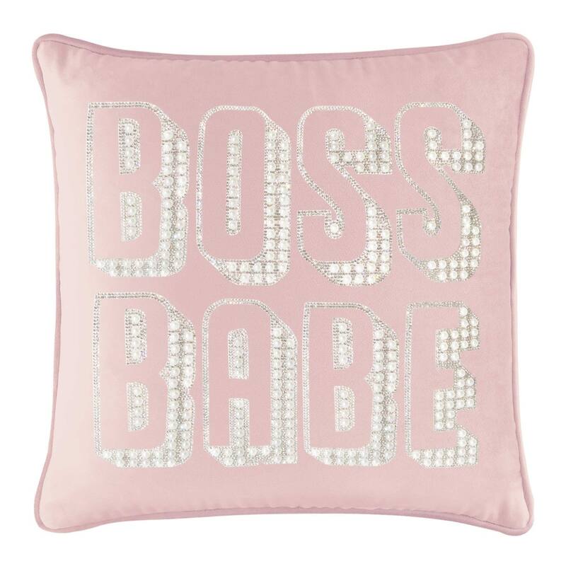Boss Babe Pillow, Pearls and Rhinestones on Velvet, Feather Insert - Blush
